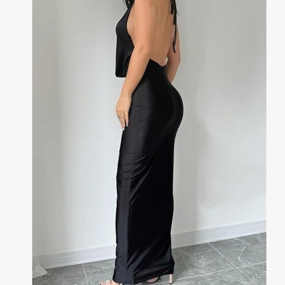 Women's Tie Backless Draped Halter Maxi Dress - Picture 2 of 4